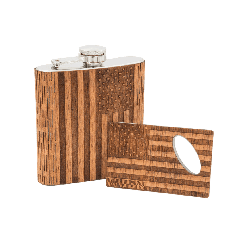 6 oz. Wooden Hip Flask & Matching Credit Card Bottle Opener (2-Piece Flask Set)
