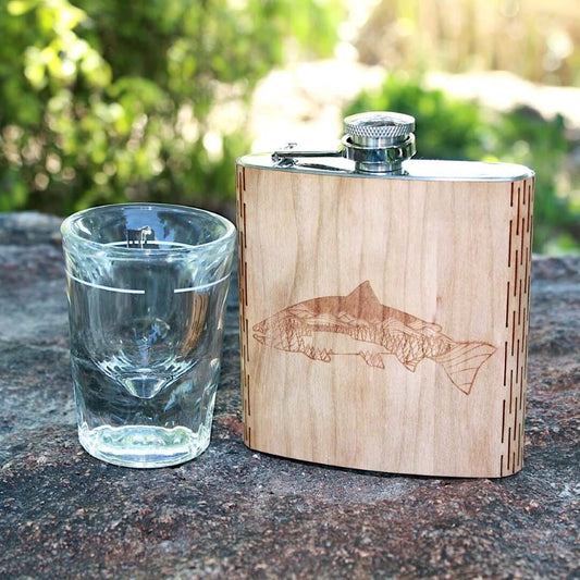 Salmon Night Landscape 6 oz. Wooden Hip Flask - Outdoor Adventure Collection - Art by Ben McKenzie