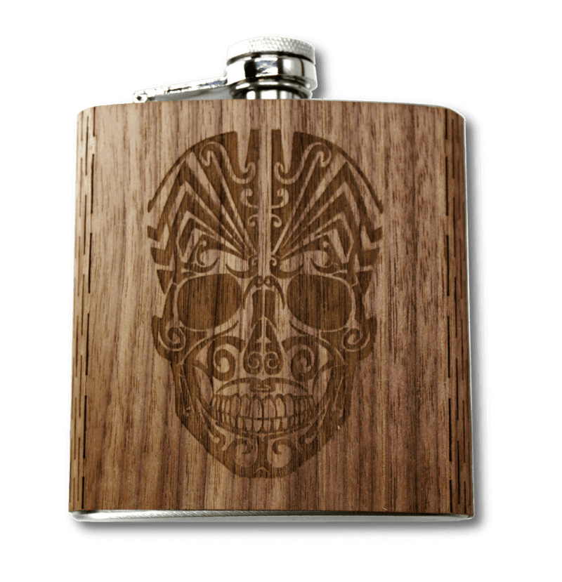 Day of the Dead Skull Hip Flask Wood Black Walnut liquer