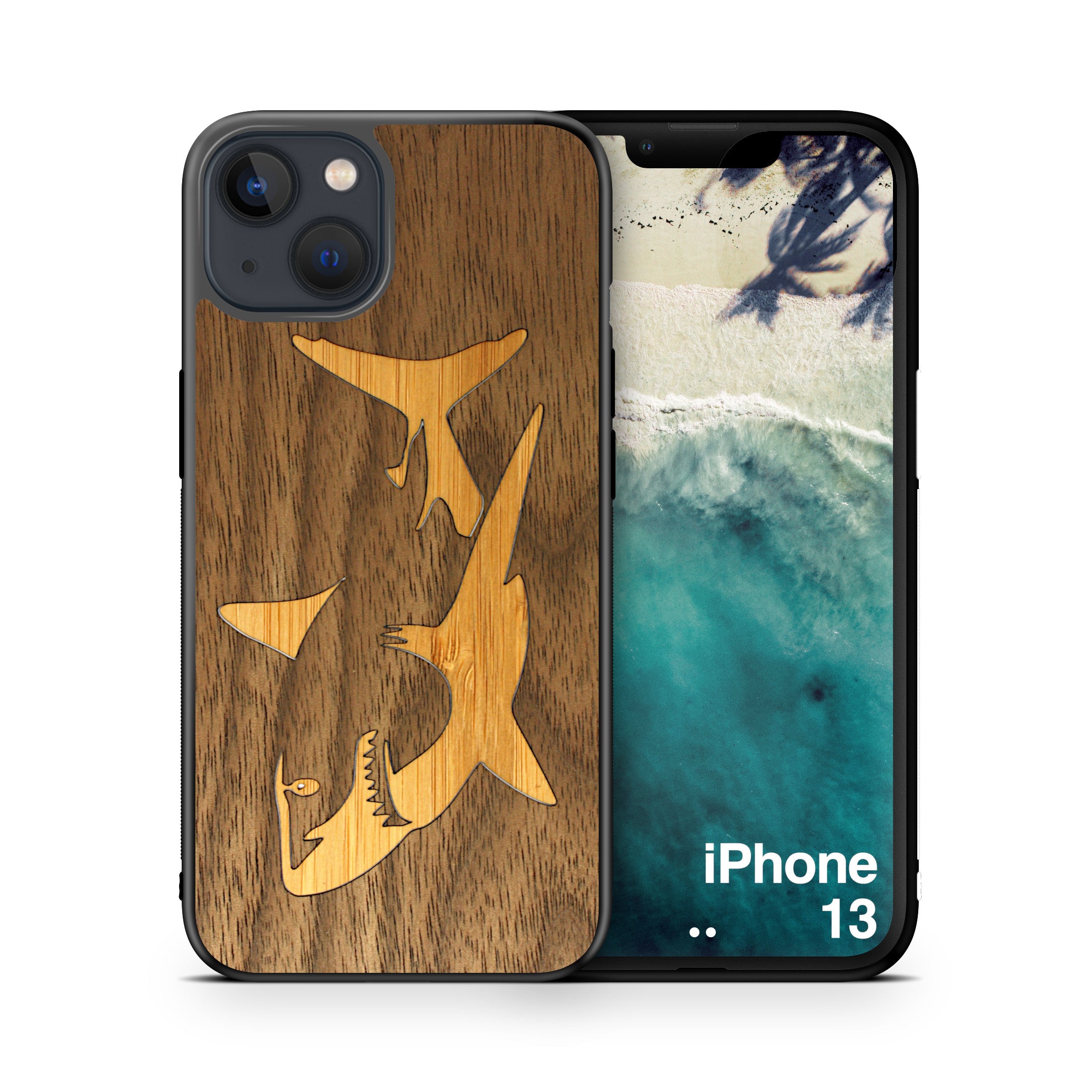 Slim Wooden iPhone Case (Great White Shark with Bamboo in Black Walnut)