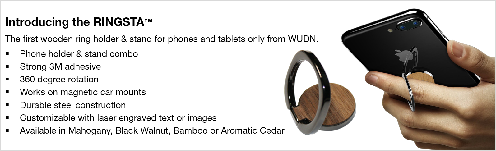 Introducing the RNGR - Wooden Ring Holder and Stand for Phones and Tablets