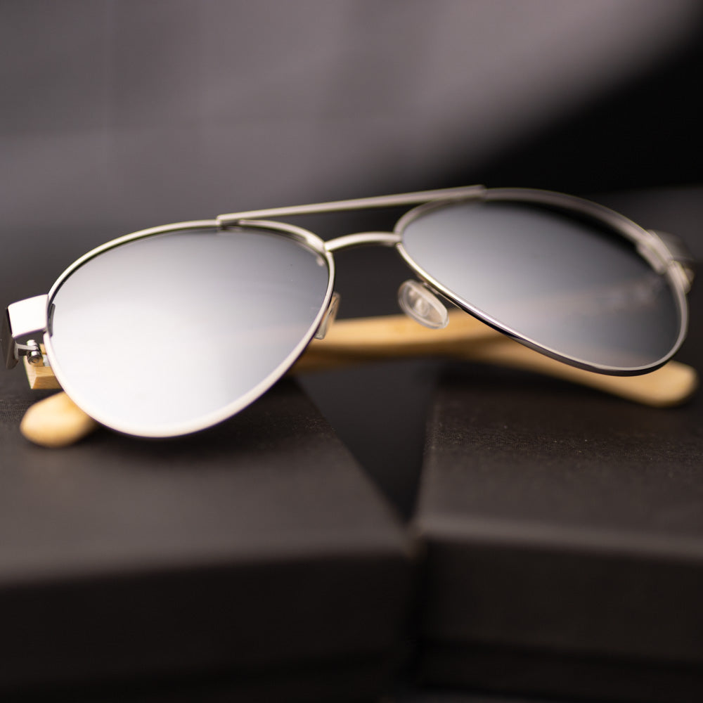 Bamboo Wood Silver Framed Classic Aviators by WUDN