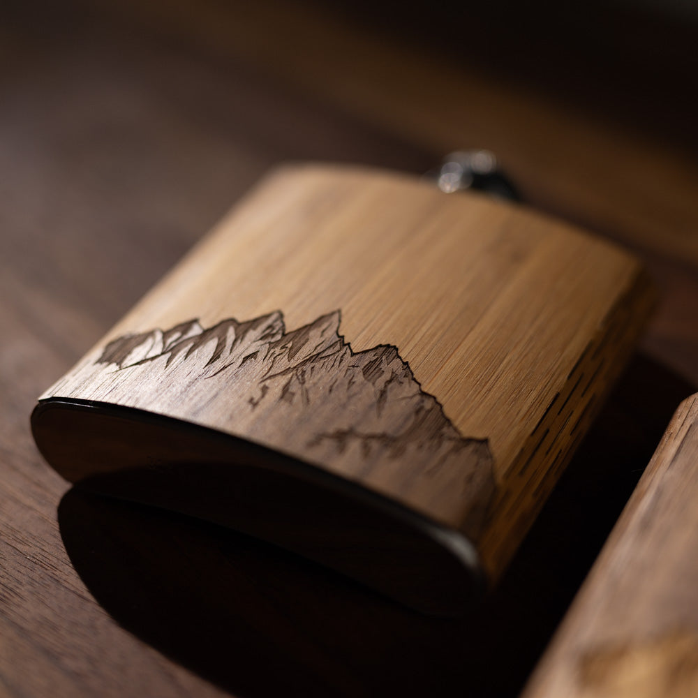 6 oz. Wooden Hip Flask (Sawtooth Mountains in Bamboo & Black Walnut)