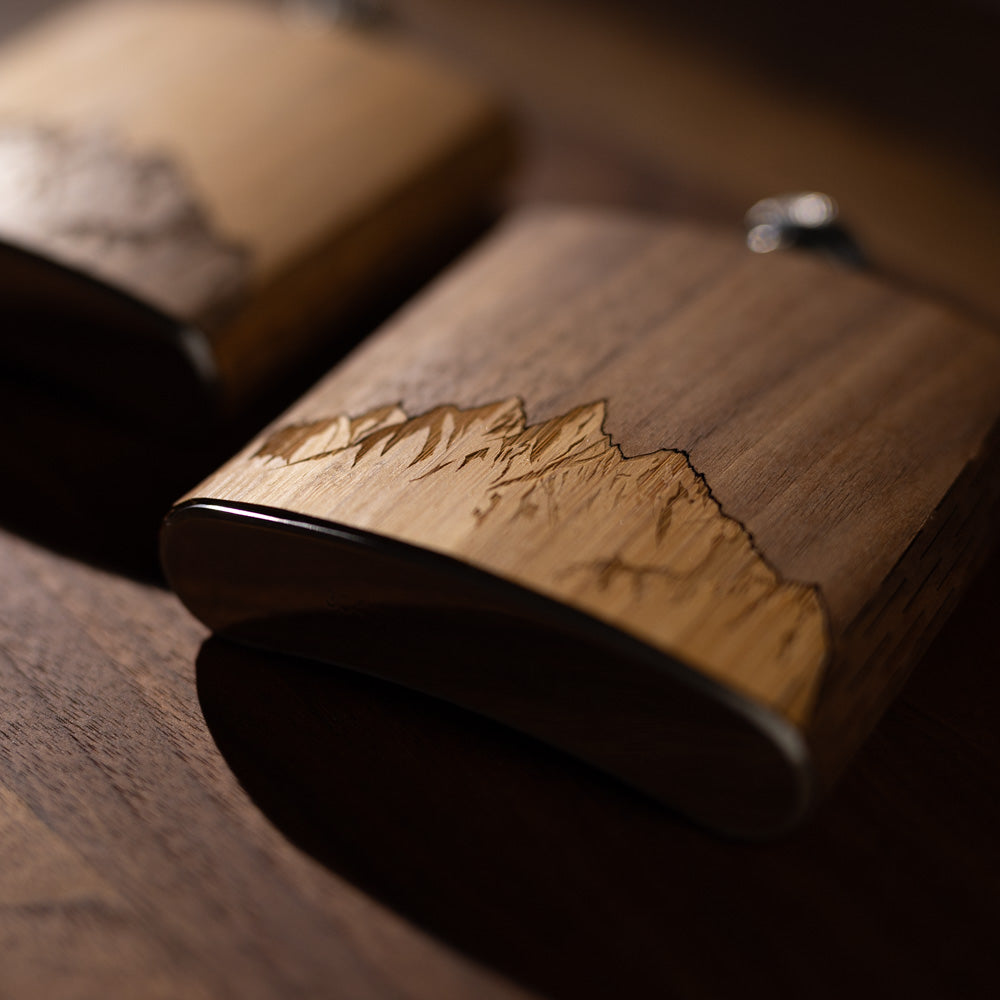 6 oz. Wooden Hip Flask (Sawtooth Mountains in Bamboo & Black Walnut)
