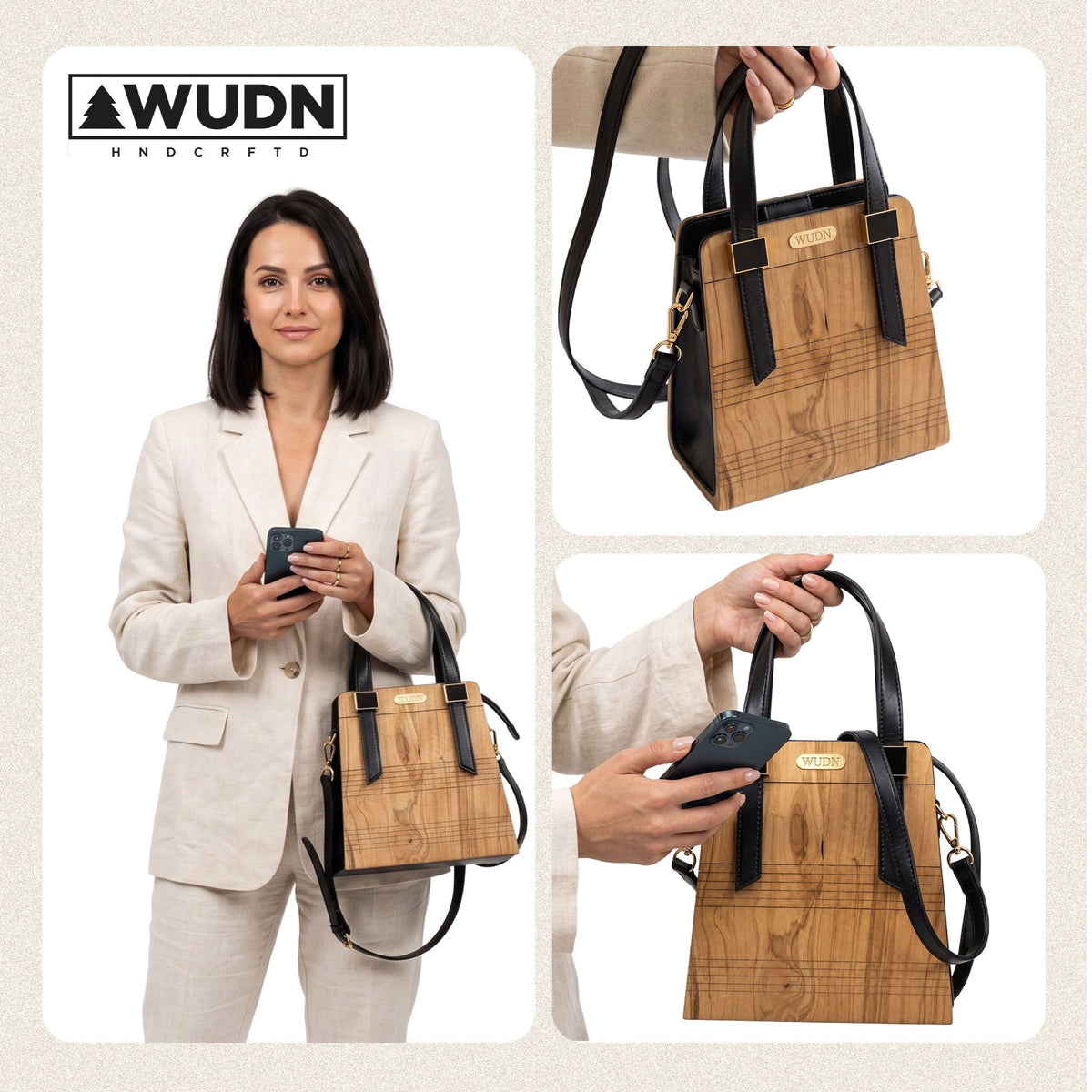 WUDN Wooden toote for Women – Real Wood & Vegan Leather Handbag, Crossbody & Shoulder Bag