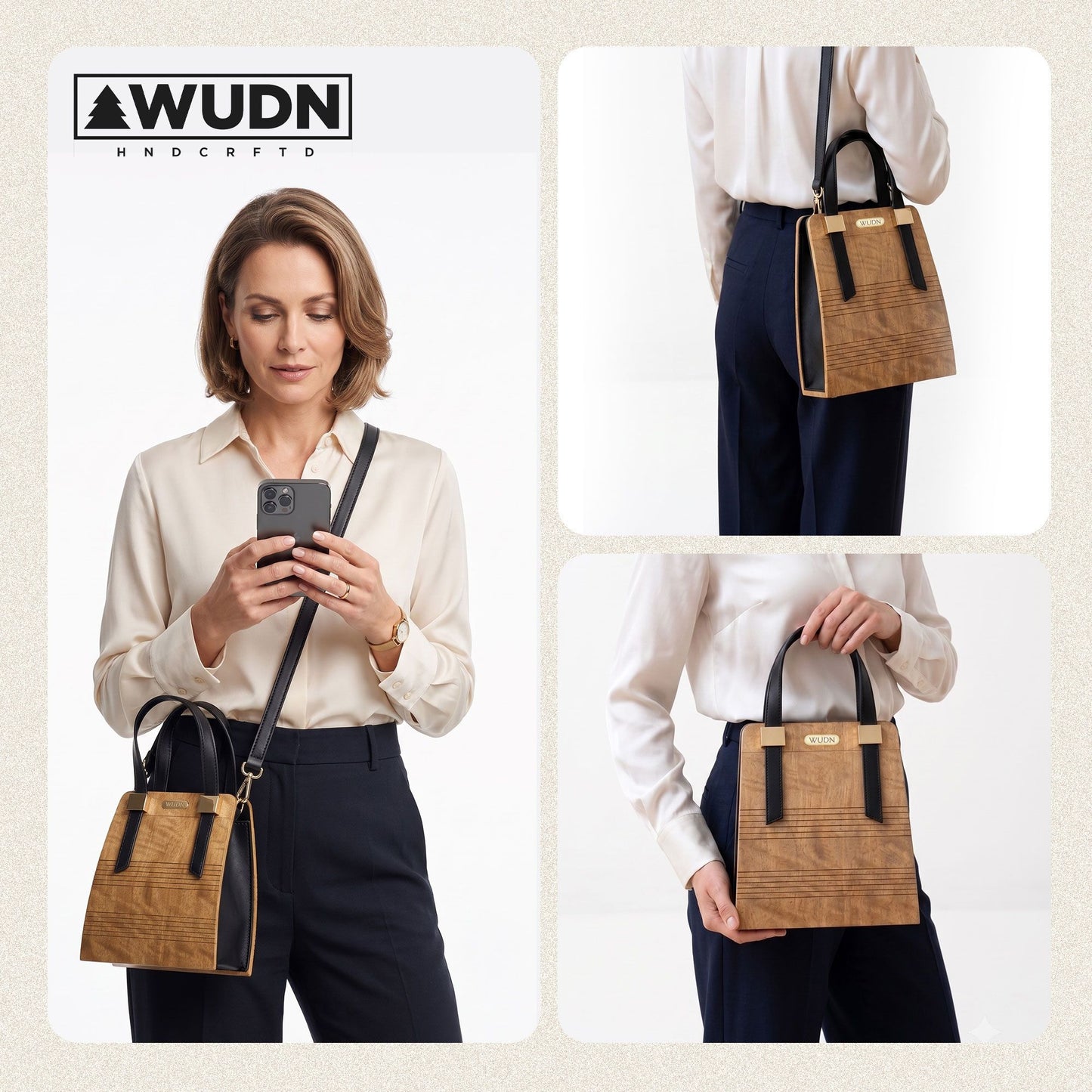 WUDN Wooden toote for Women – Real Wood & Vegan Leather Handbag, Crossbody & Shoulder Bag