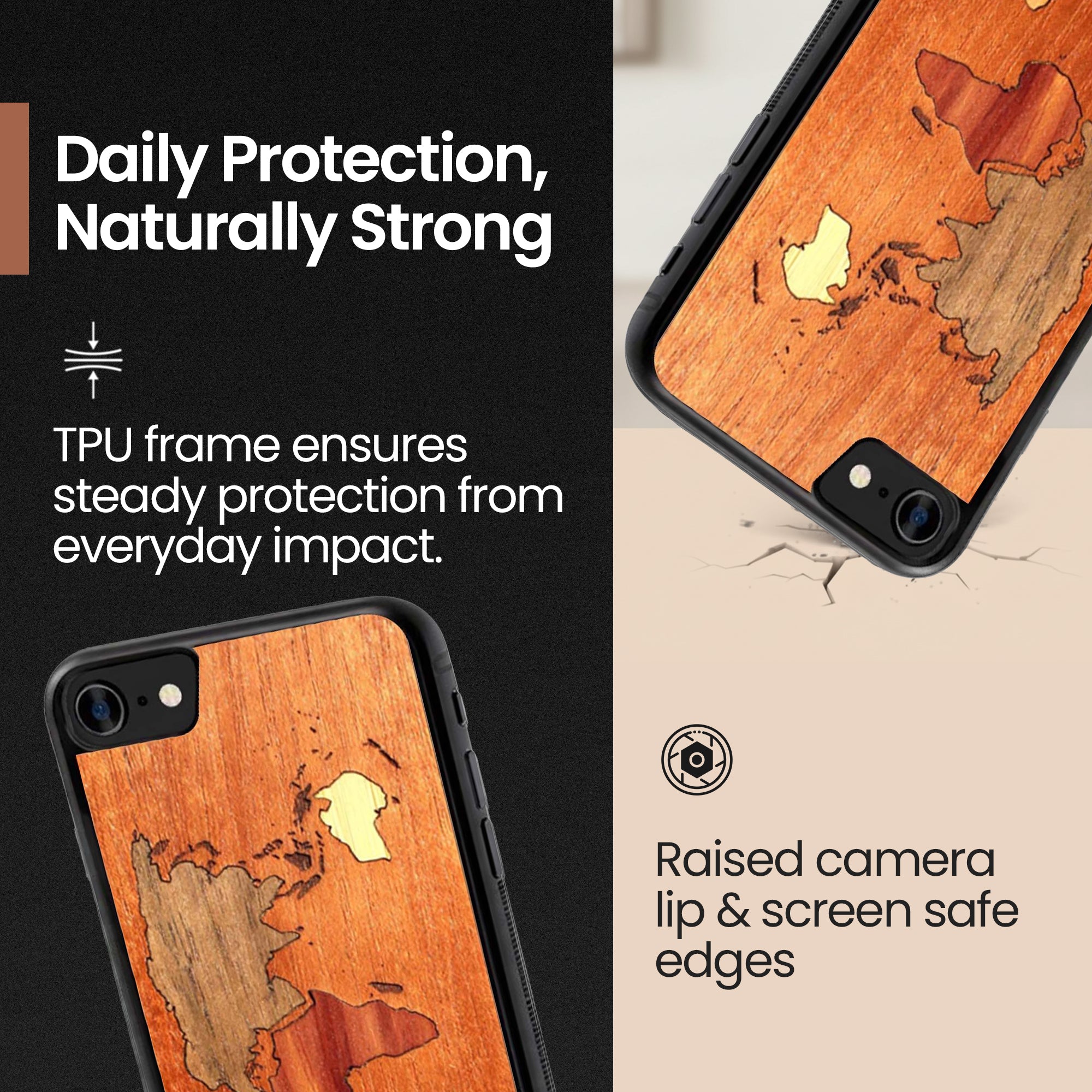 Slim Wooden Phone Case (Mahogany Inlay - World Map Traveler)