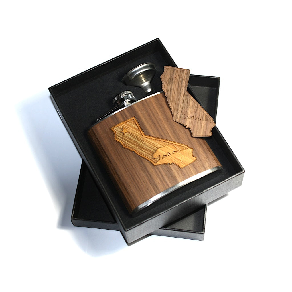 6 oz Wooden Hip Flask (California Republic in Black Walnut & Carmalized Bamboo)