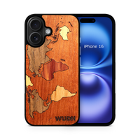 Slim Wooden Phone Case (Mahogany Inlay - World Map Traveler)
