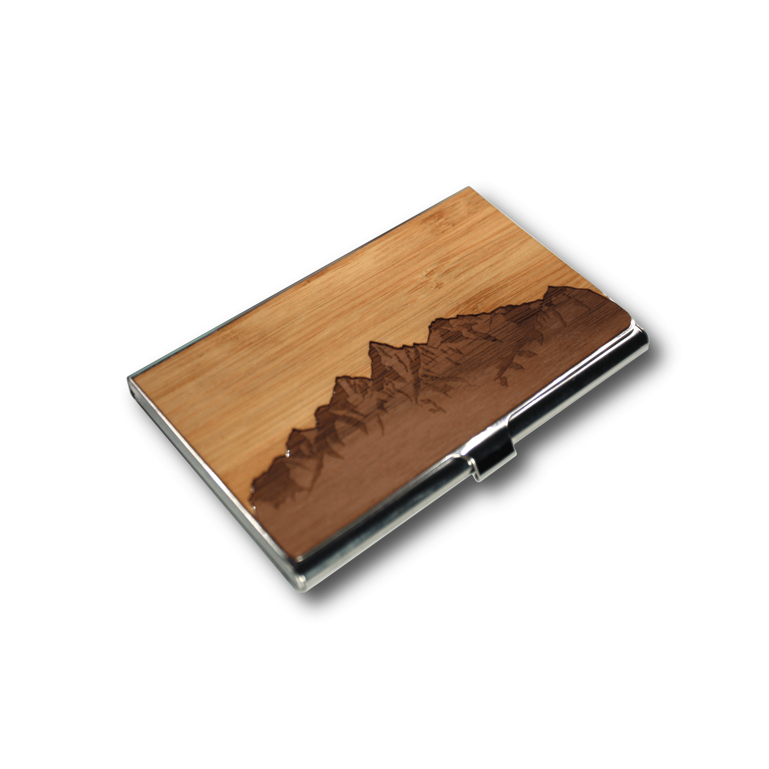 WUDN Wooden Business Card Holder Wallet, Holds 20 Cards, Built with Stainless Steel and Real Wood - Sawtooth Mountains Bamboo