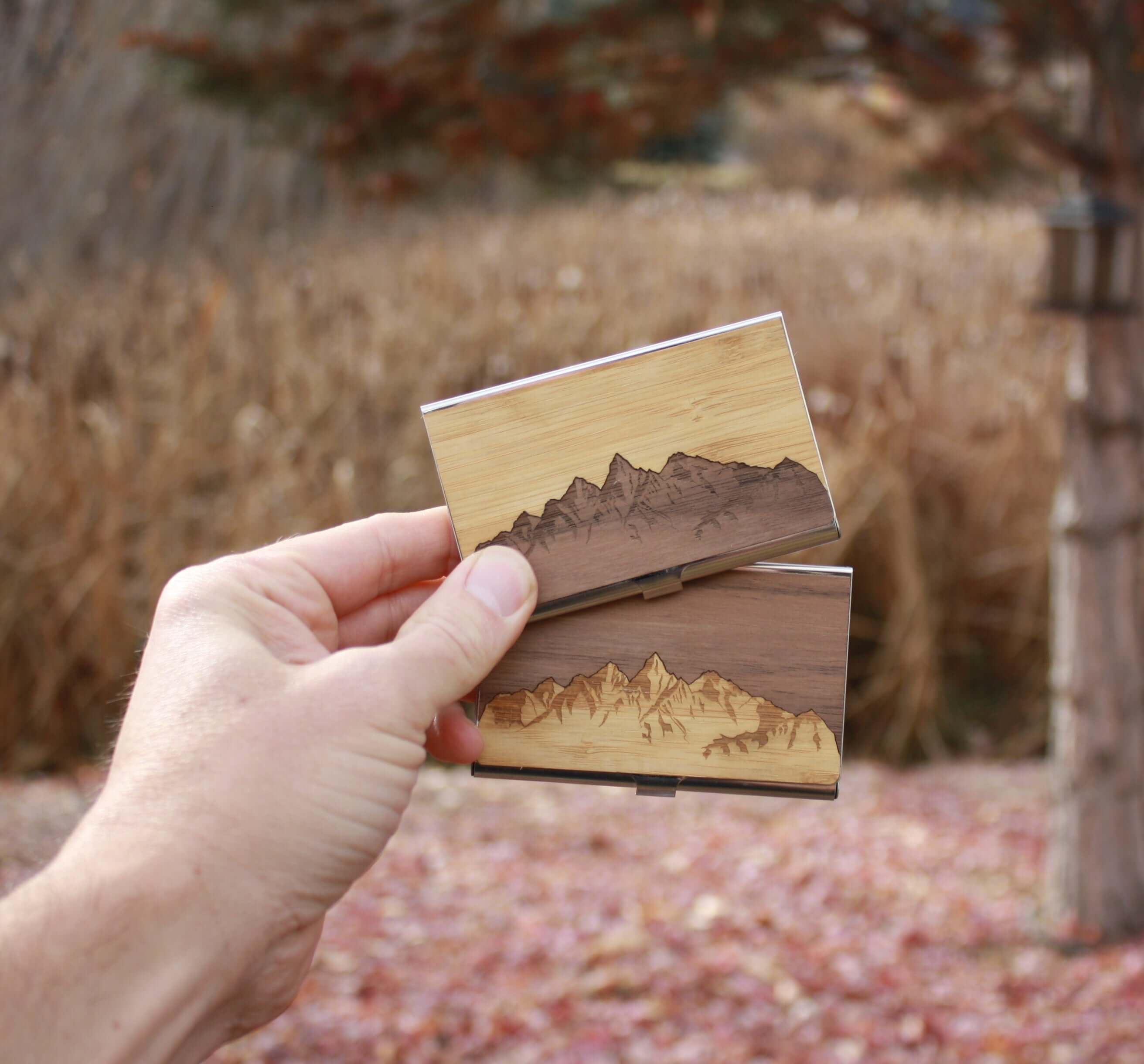 WUDN Wooden Business Card Holder Wallet, Holds 20 Cards, Built with Stainless Steel and Real Wood - Sawtooth Mountains Bamboo