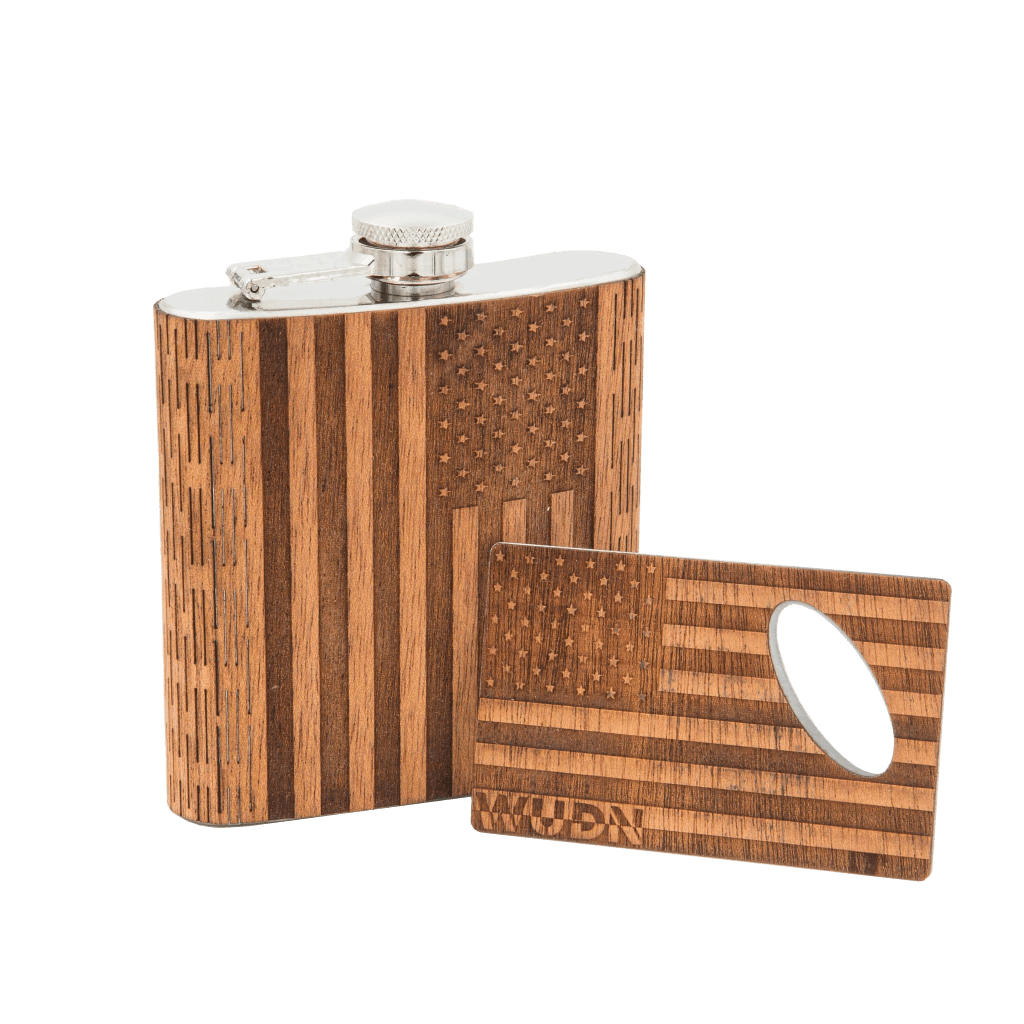 6 oz. Wooden Hip Flask & Matching Credit Card Bottle Opener (2-Piece Flask Set)