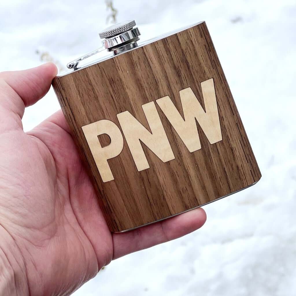 6 oz Wooden Hip Flask (PNW in Black Walnut & Shimmering Maple)