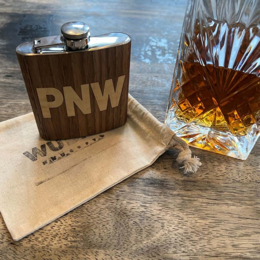 6 oz Wooden Hip Flask (PNW in Black Walnut & Shimmering Maple)