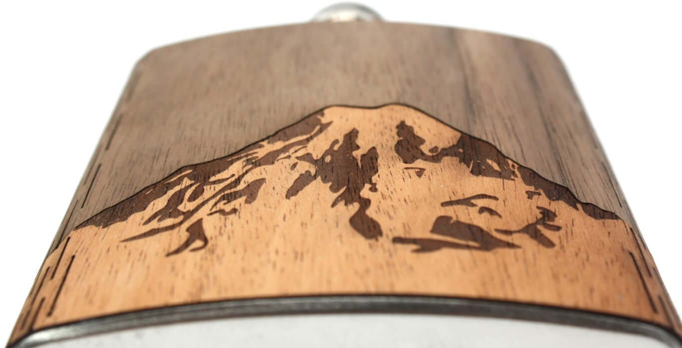 6 oz. Wooden Hip Flask (Mt. Rainier in Mahogany & Black Walnut)