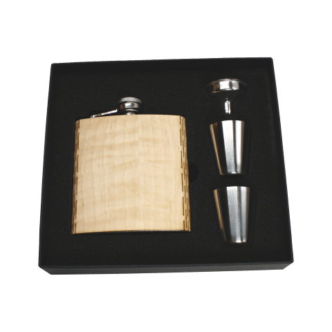 Real Wooden 6 oz. Hip Flask in Premium Gift Box with Shot Glasses & Funnel