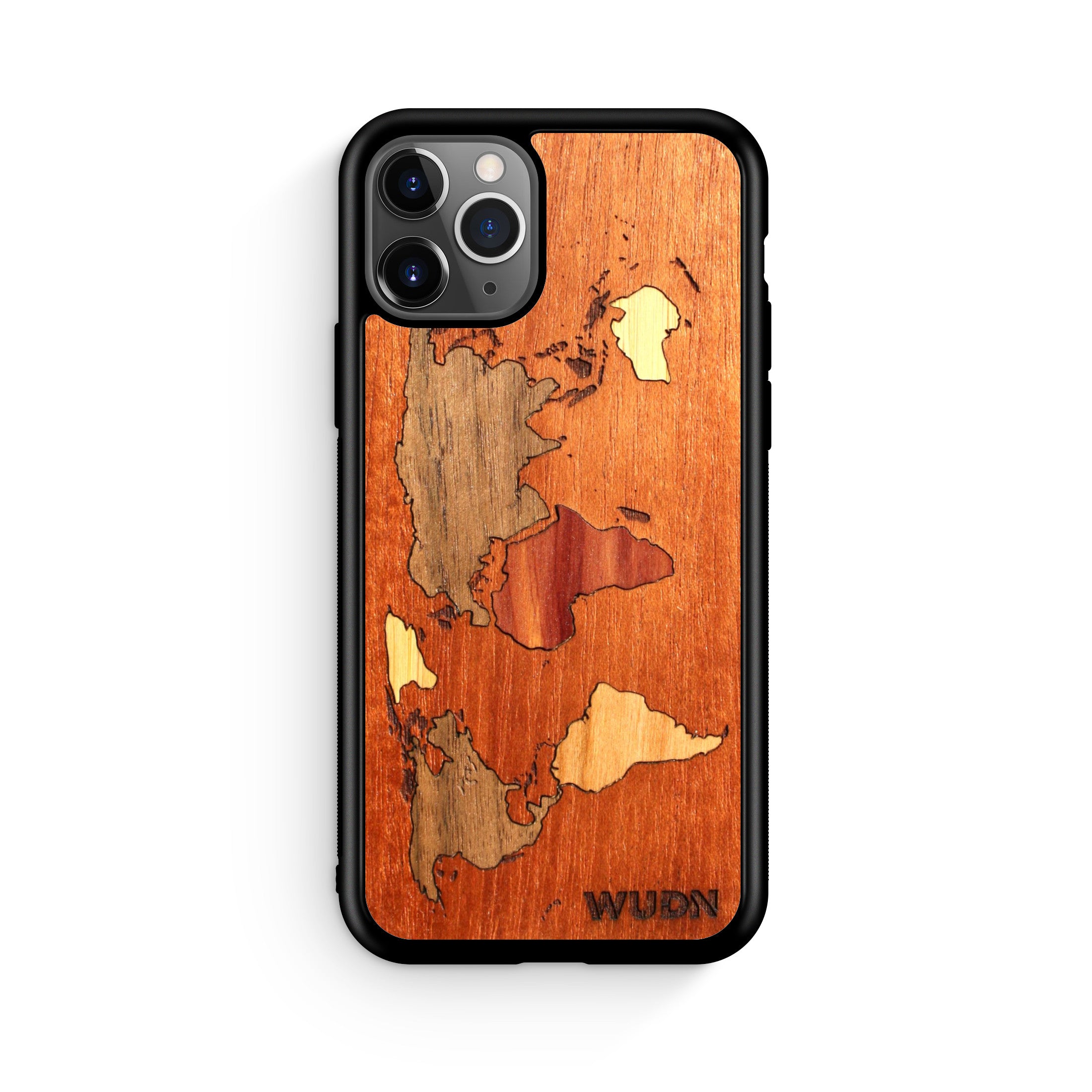 Slim Wooden Phone Case (Mahogany Inlay - World Map Traveler)