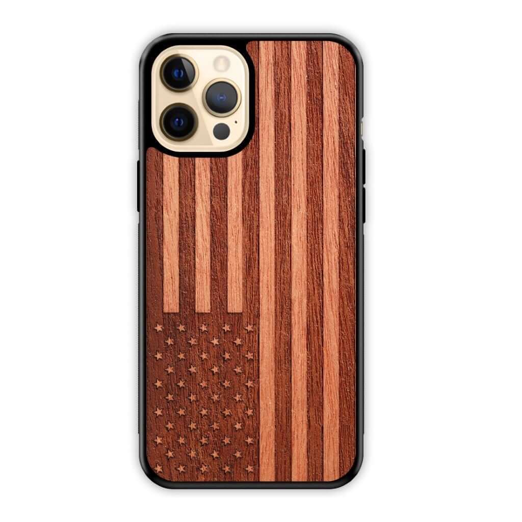 Wooden Phone Case Laser Engraved American Flag in Mahogany