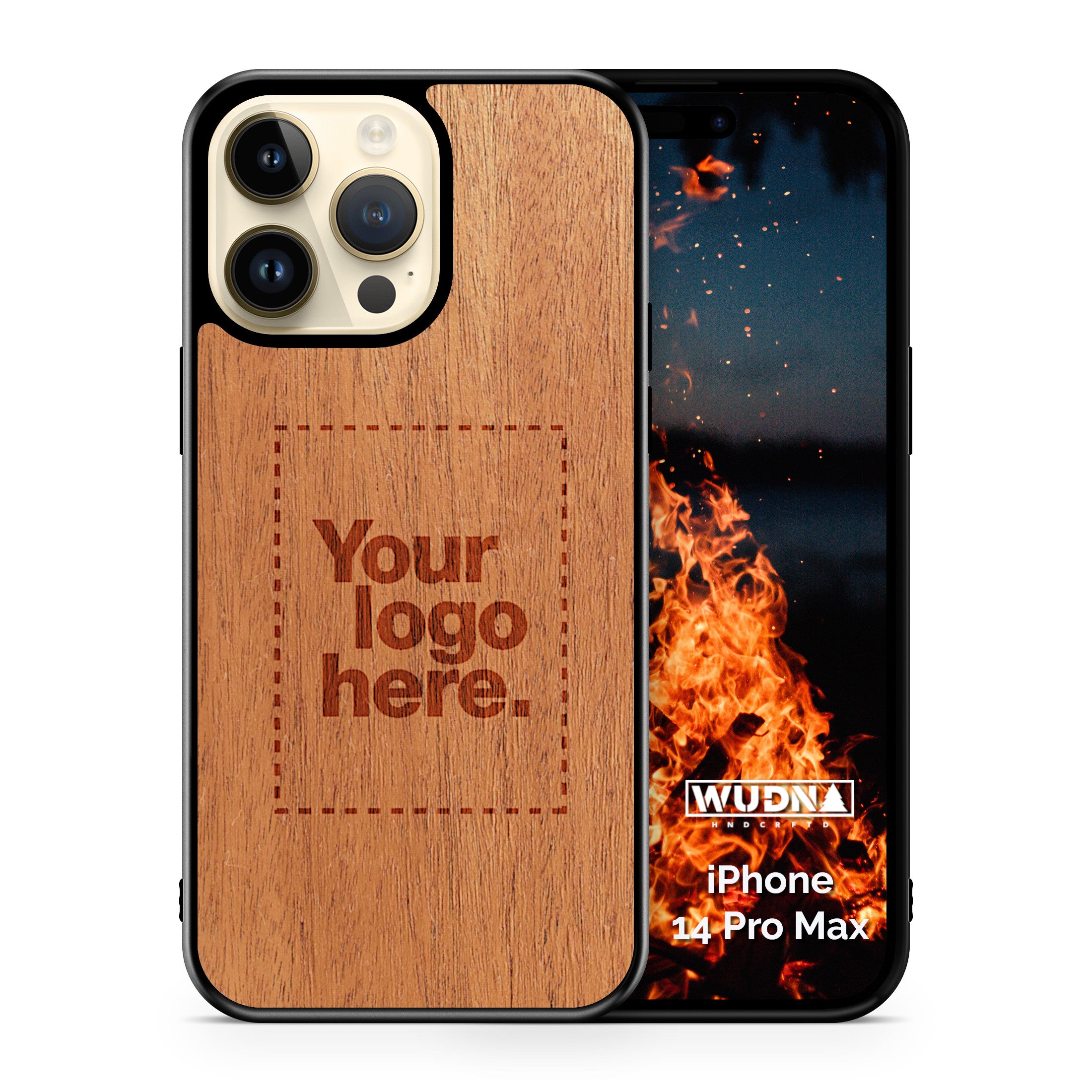 Apple iPhone 15 Pro Max black case with wood finishing and