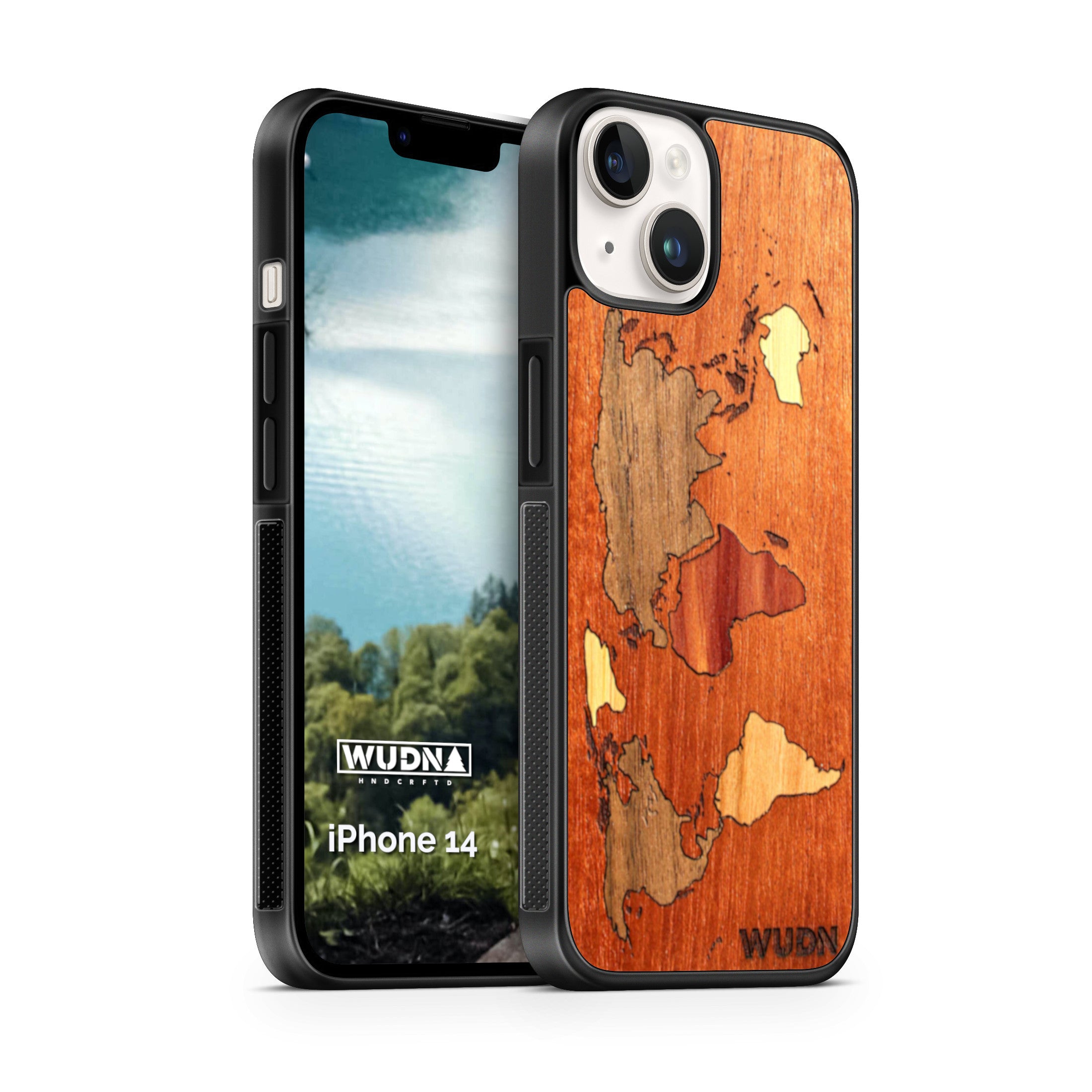Wooden Phone Case World Map Inlay, Mahogany Ocean