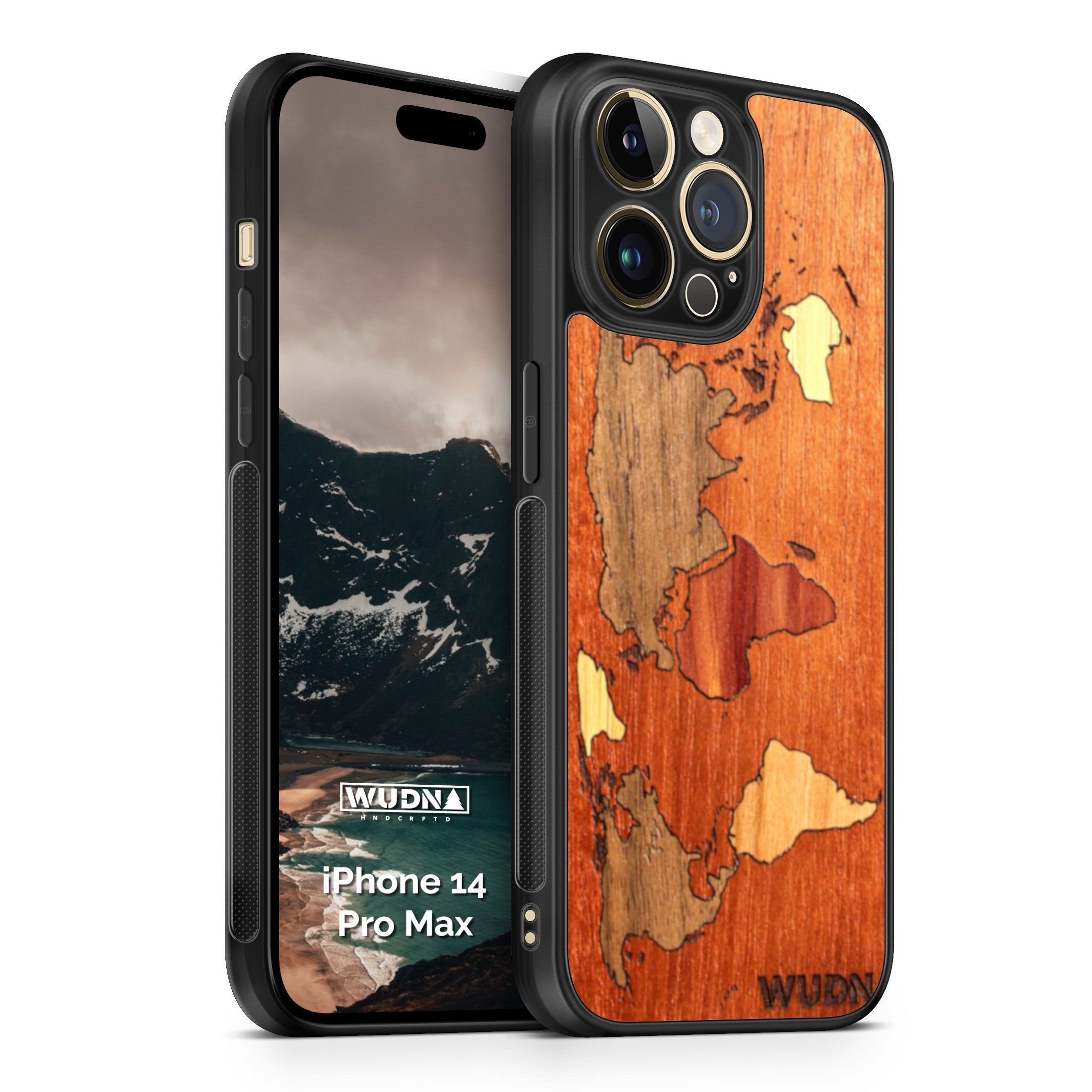 Slim Wooden Phone Case (Mahogany Inlay - World Map Traveler)