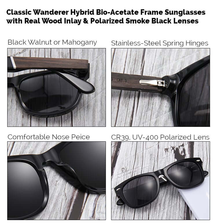 Classic Wanderer Hybrid Acetate Frame Sunglasses with Real Wood Inlay & Polarized Smoke Black Lenses by WUDN