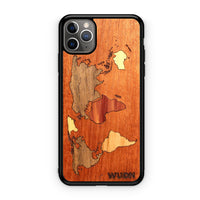 Slim Wooden Phone Case (Mahogany Inlay - World Map Traveler)