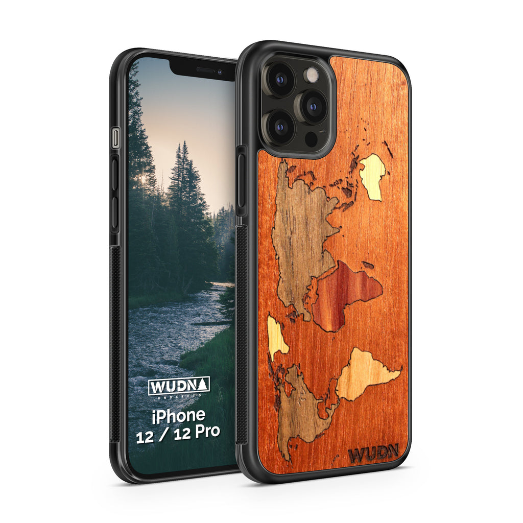 Wooden Phone Case - World Map Inlay, Mahogany Ocean