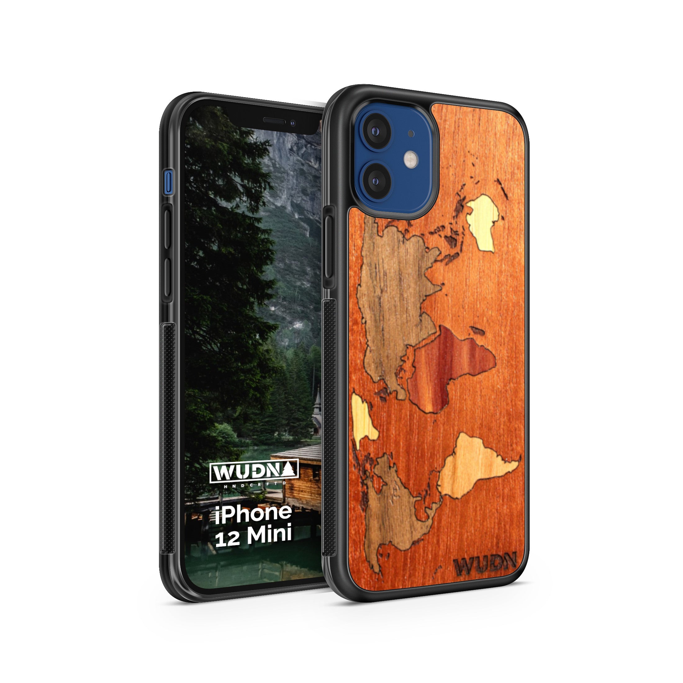 Slim Wooden Phone Case (Mahogany Inlay - World Map Traveler)